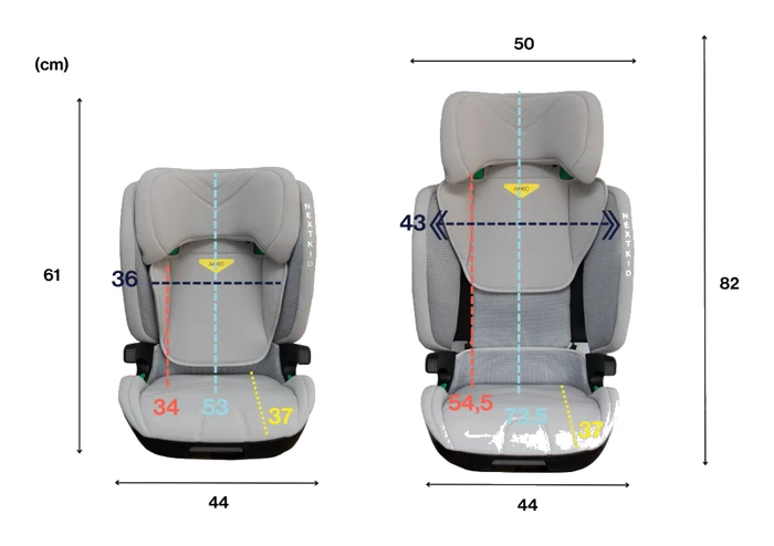 Måttdiagram för Axkid Nextkid som visar alla dimensioner i båda konfigurationerna