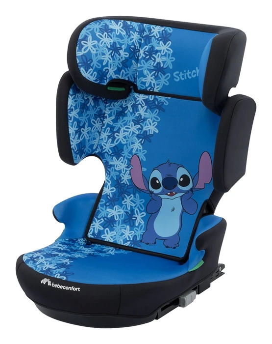 Bebeconfort Hera I-Fix bältesstol snett framifrån med Disney Stitch-mönster och synliga ISOFIX-fästen