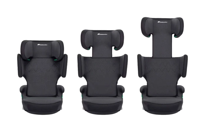 Bebeconfort Road Fix i-Size i tre höjdlägen, visar nackstödets justeringsomfång