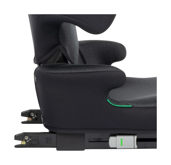 ISOFIX-kontakter på en bältesstol, sidovy. Metallarmarna skjuts ut från stolens bas och klickar fast i bilens ISOFIX-fästen.