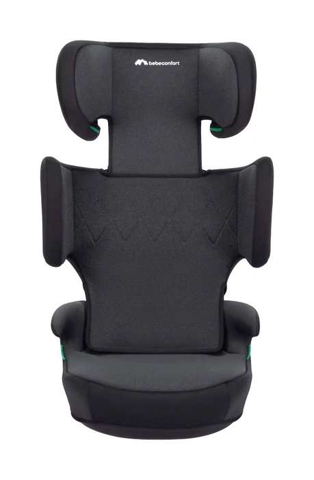 Bebeconfort Road Safe i-Size framifrån i mellanläge med sicksack-mönstrad klädsel