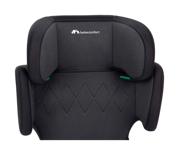 Bebeconfort Road Safe i-Size framifrån med lägsta nackstöd, gröna bältesguider synliga vid sidorna