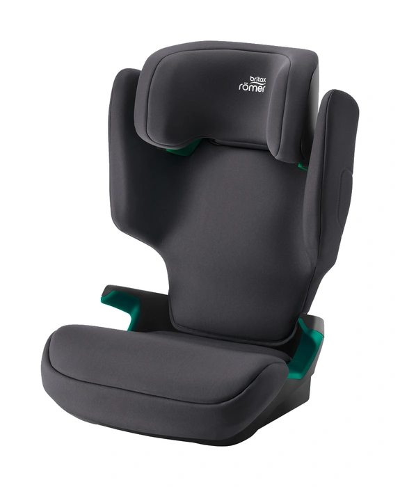 Britax Römer Adventure Plus 2 snett framifrån med synlig sittdyna och sidostöd i Midnight Grey