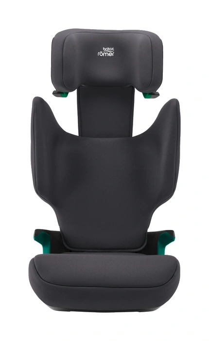 Britax Römer Adventure Plus 2 framifrån med nackstöd i högt läge, visar bälteguider