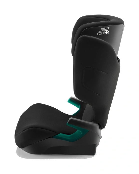 Britax Römer Adventure Plus i sidovy, visar övre och nedre bältesguider i turkos