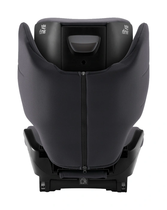 Britax Römer Discovery Plus 2 bakifrån med nackstöd nedfällt, visar dragkedjan för avtagbar klädsel och höjdjusteringsspåret