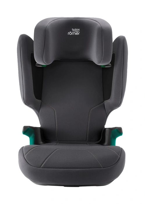 Britax Römer Hi-Liner framifrån, visar bältesguider och sidoskyddets bredd