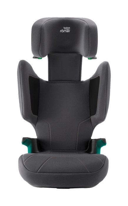 Britax Römer Hi-Liner med nackstöd uppdraget till maxhöjd, visar justeringsomfånget