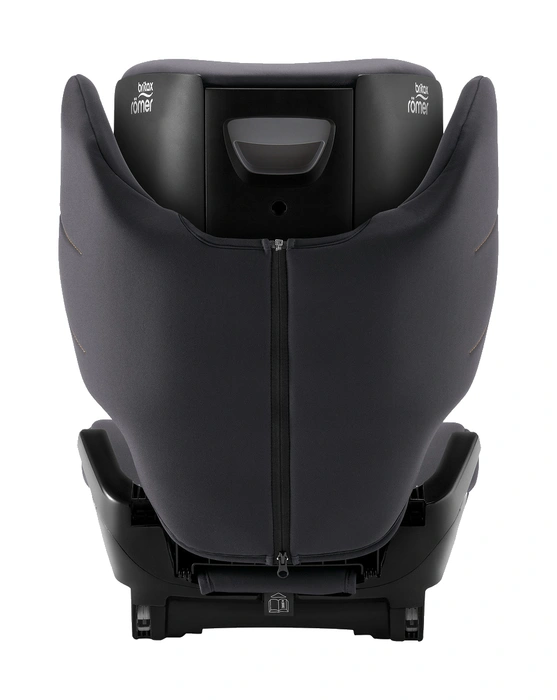 Baksida av Britax Römer Hi-Liner, visar dragkedja för avtagbart överdrag och ISOFIX-bas