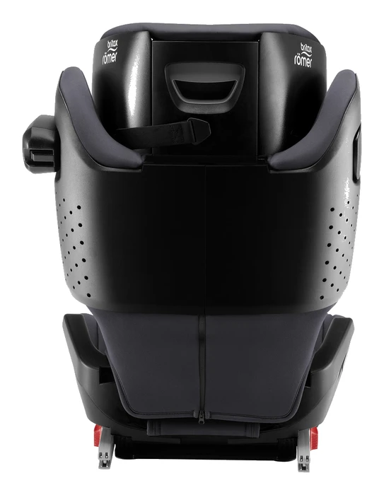 Britax Römer Kidfix i-Size bakifrån med nedfällt nackstöd, visar ventilationshål och skalets konstruktion