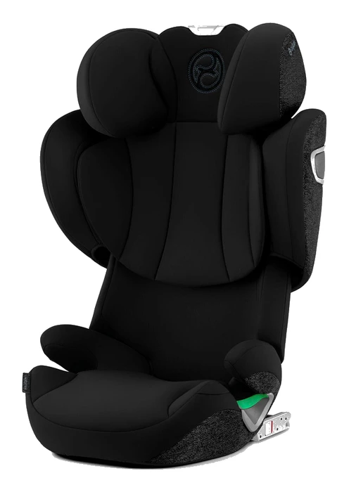 Cybex Solution T i-Fix i vinkel, visar ISOFIX-arm med grön indikator vid basen