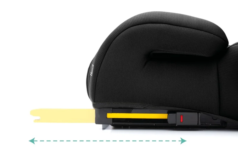 Närbild på Fillikid I-Size ISOFIX-arm från sidan, visar den fasta längden som skapar gap i de flesta bilar