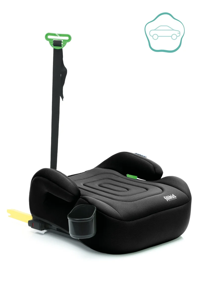Fillikid I-Size från sidan med Top Tether-band uppfällt, ISOFIX-arm och flaskhållare synliga