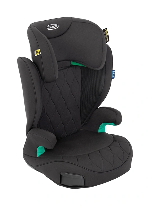 Graco Affix i-Size bältesstol snett framifrån i Midnight-färg med Graco-logga, R129-etikett och gröna bältesguider