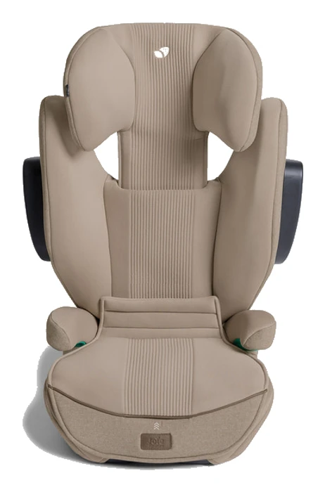 Joie i-Traver framifrån med nackstöd uppdraget till maxhöjd i Sandstone