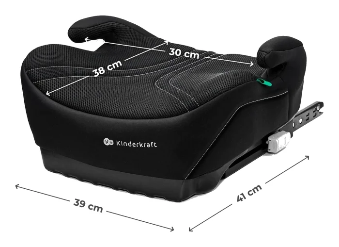 Kinderkraft I-BOOST 2 PRO med måttangivelser: 38 cm bredd, 30 cm sittbredd, 39 cm höjd, 41 cm djup