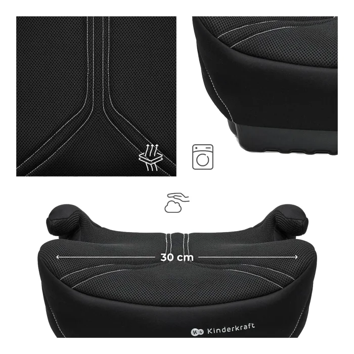 Närbild på Kinderkraft I-BOOST 2 PRO AIR FLOW mesh-tyg och maskintvättbar ikon, sittbredd 30 cm