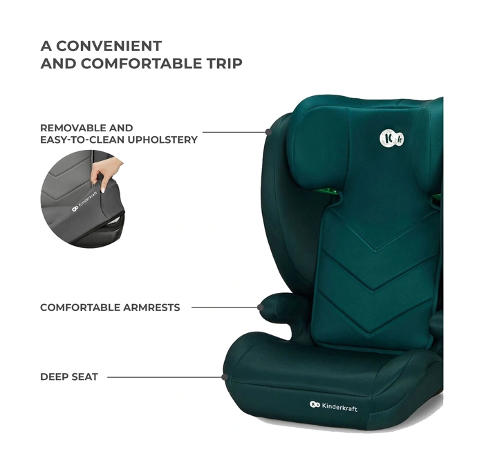 Kinderkraft I-SPARK i-Size närbild som visar avtagbart överdrag, armstöd och djup sits