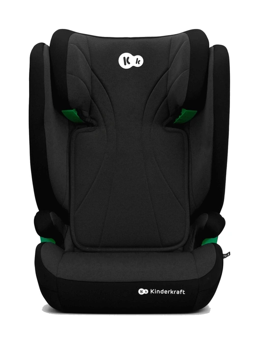 Kinderkraft JUNIOR FIX 2 i-Size bältesstol i svart, frontvy med synliga gröna bältesguider och ISOFIX
