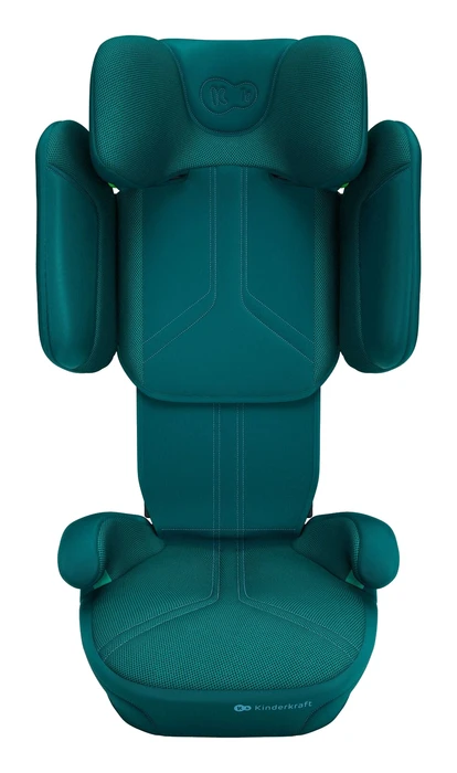 Kinderkraft XPAND 2 PRO framifrån i bredaste DUO EXPAND-läget med fullt utfällda sidovingar och uppdraget nackstöd