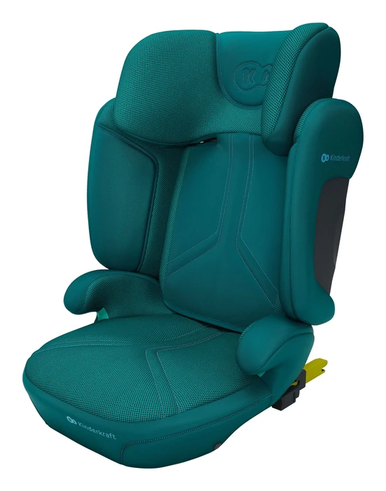 Kinderkraft XPAND 2 PRO i-Size bältesstol i grönt, snett framifrån med synliga sidovingar, nackstöd och armstöd