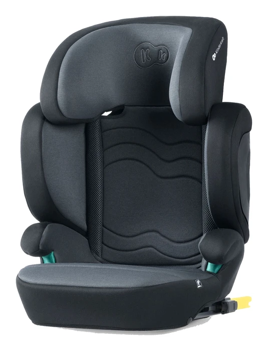 Kinderkraft Xpand 2 i-Size bältesstol framifrån, svart med grå stoppning och synliga ISOFIX-fästen