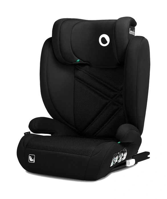 Lionelo HUGO i-Size bältesstol i svart, snett framifrån med ISOFIX-fästen och i-Size-dekal synlig