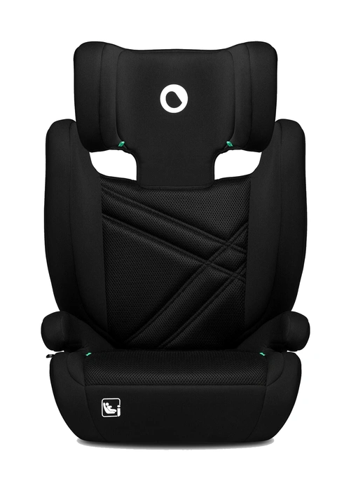 Lionelo HUGO i-Size framifrån med gröna bältguider och stoppade armstöd synliga