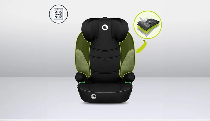 Infografik som visar Lionelo LARS i-Size med avtagbart tvättbart överdrag och materialskikt