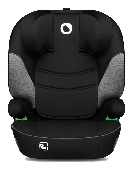 Lionelo LARS i-Size framifrån med nackstöd i lägsta läge, visar sitsens bredd och stoppning