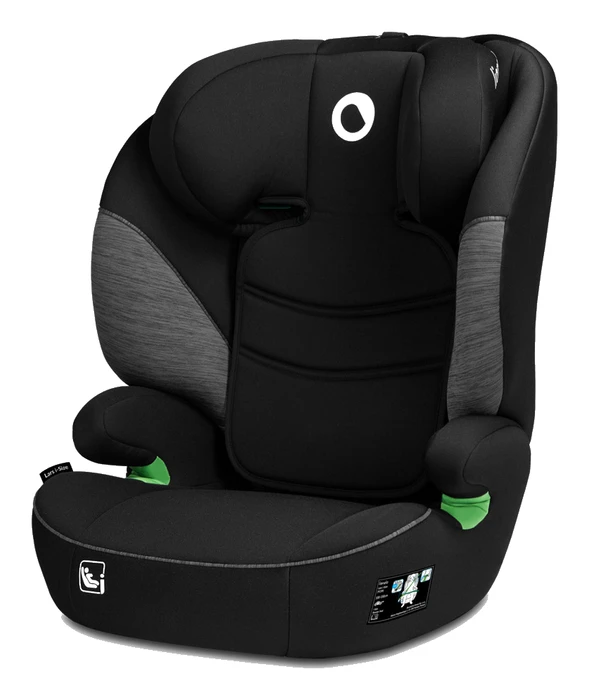 Lionelo LARS i-Size bältesstol i svart och grått, sedd snett framifrån med synliga armstöd och bältesguider