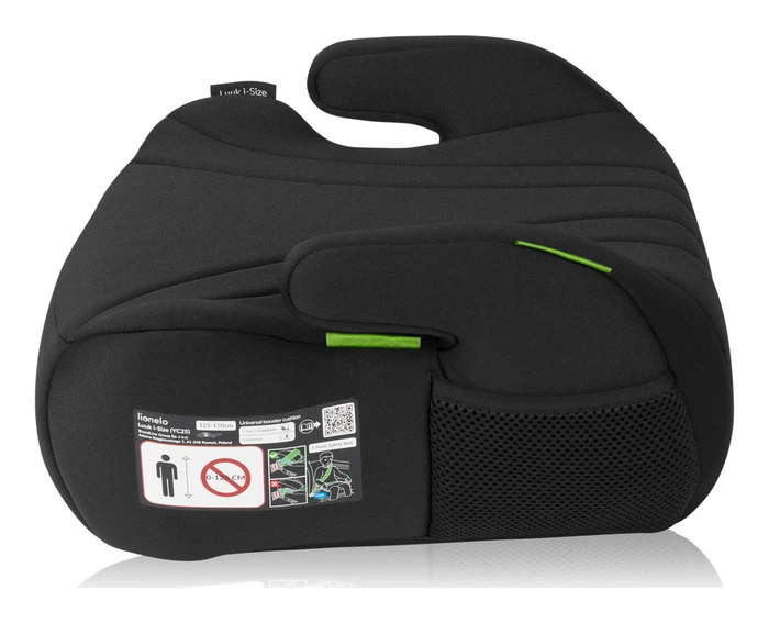 Lionelo Luuk i-Size från sidan, visar höjdgodkännande 125–150 cm och bältesguiden