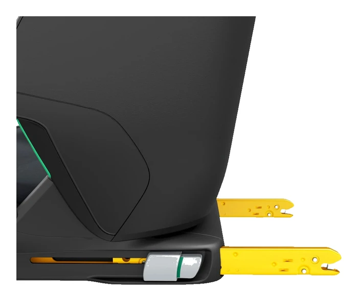 Närbild på Maxi-Cosi Kore ISOFIX-armar med gula metallkonsoler och grön frigöringsknapp