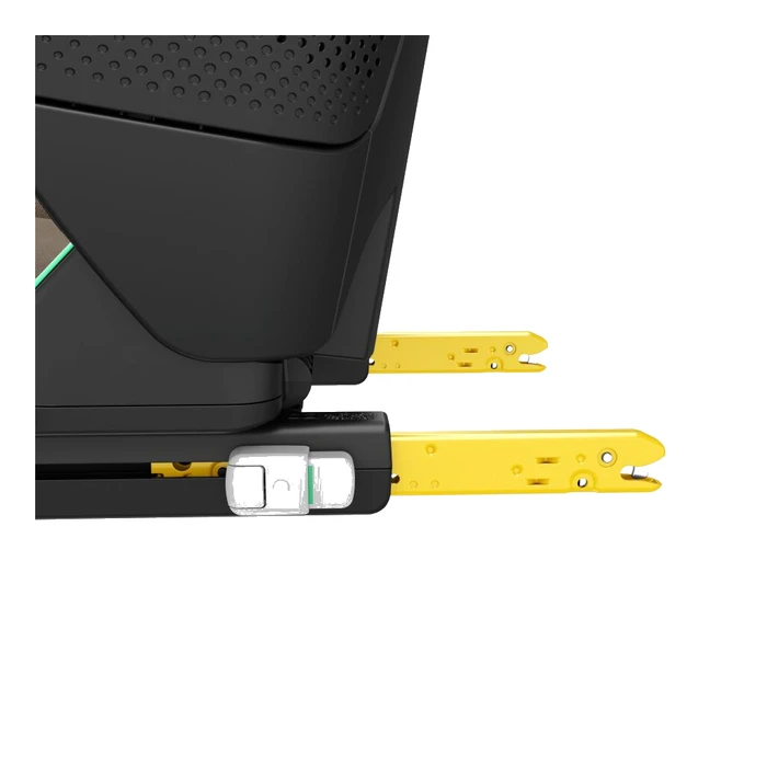 Närbild på Maxi-Cosi RodiFix Pro2 ISOFIX-fästen utfällda, gula armar med vit låsknapp