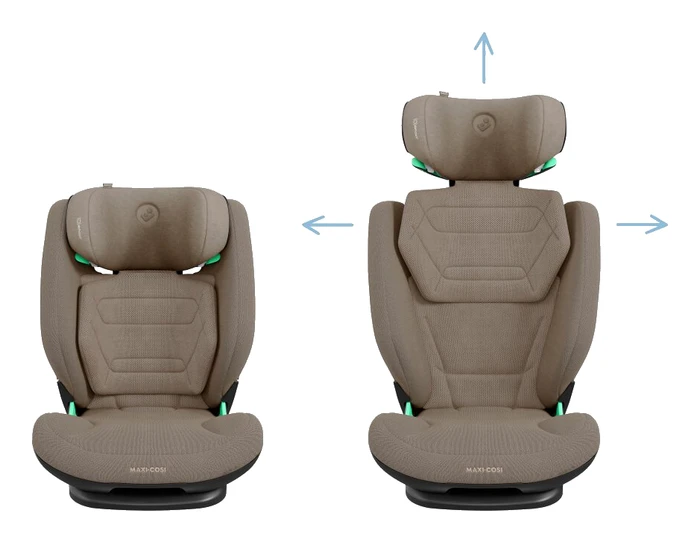 Maxi-Cosi RodiFix Pro2 i två lägen, visar hur stolen växer i höjd och bredd med pilar