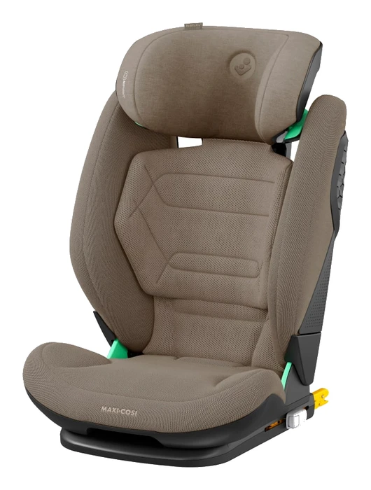 Maxi-Cosi RodiFix Pro2 i-Size bältesstol i beige Eco Care-tyg, trekvarts vy med synliga ISOFIX-fästen