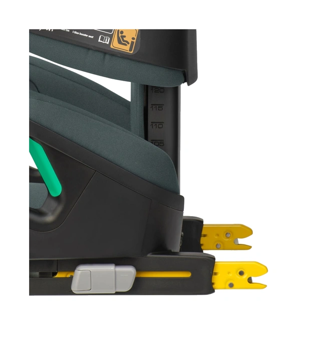 Närbild på Maxi-Cosi Rodifix R ISOFIX-fästen med höjdskala och gula armar