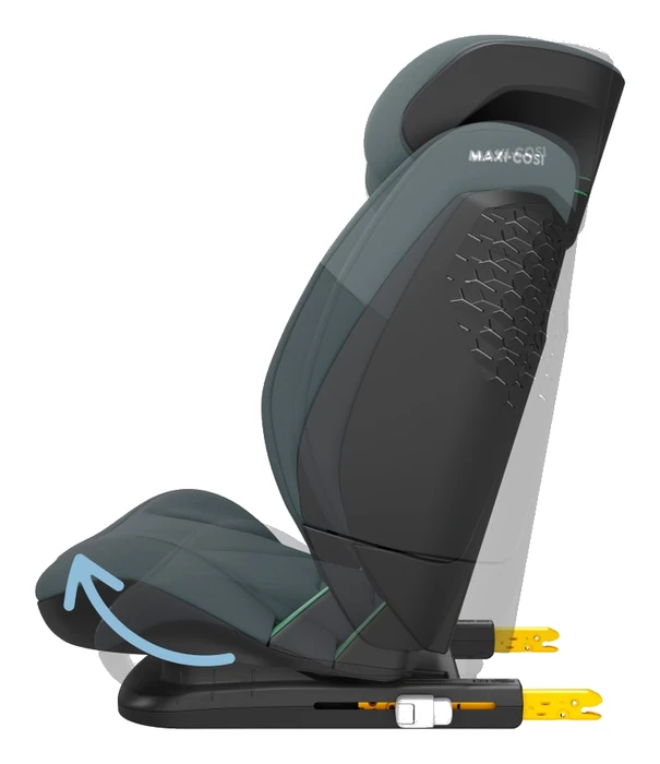 Maxi-Cosi RodiFix S i-Size i viloläge, sidovy. Pilen visar hur sitsen lutar bakåt ett par grader.
